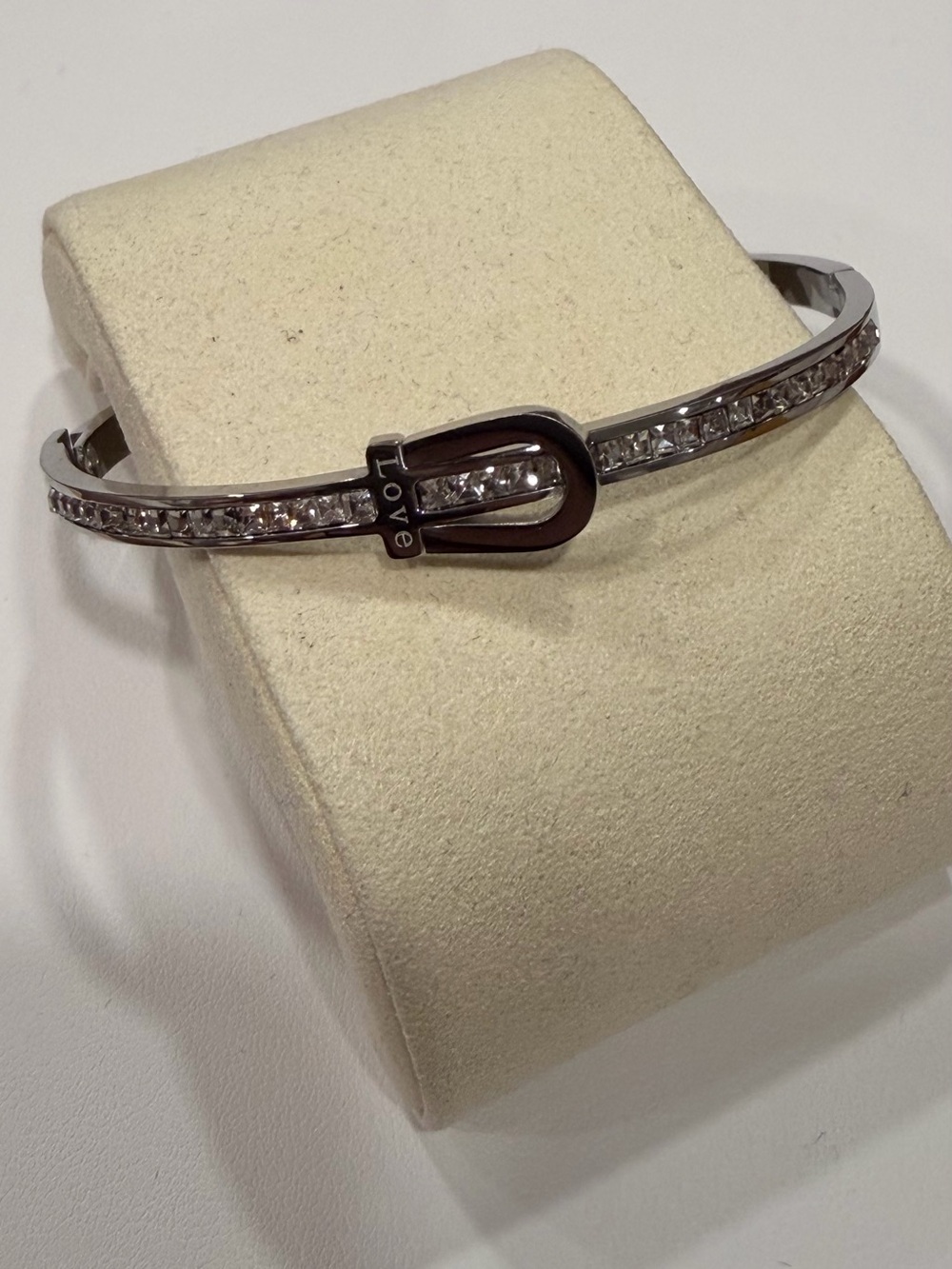 Silver Crystal Buckle Bangle Bracelet - Love Accent